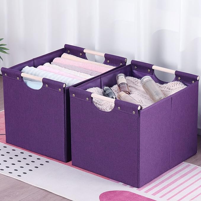 HOONEX Large Collapsible Storage Bins, Linen Fabric, Pack of 2, Storage Baskets with Wooden Carry Handles and Sturdy Heavy Cardboard, for Home, Office, Car, Nursery, Dark Purple