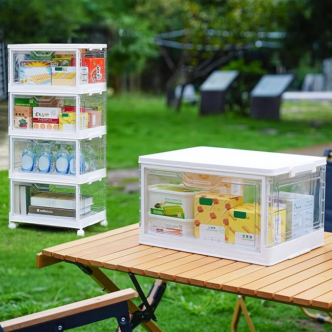 Collapsible Plastic Storage Bins with WheelsClear Stackable Storage Bins with Lid Stackable Storage Bins with Open Door Folding Storage Bins Organizer for Closet Bedroom Living Room-NeatNest