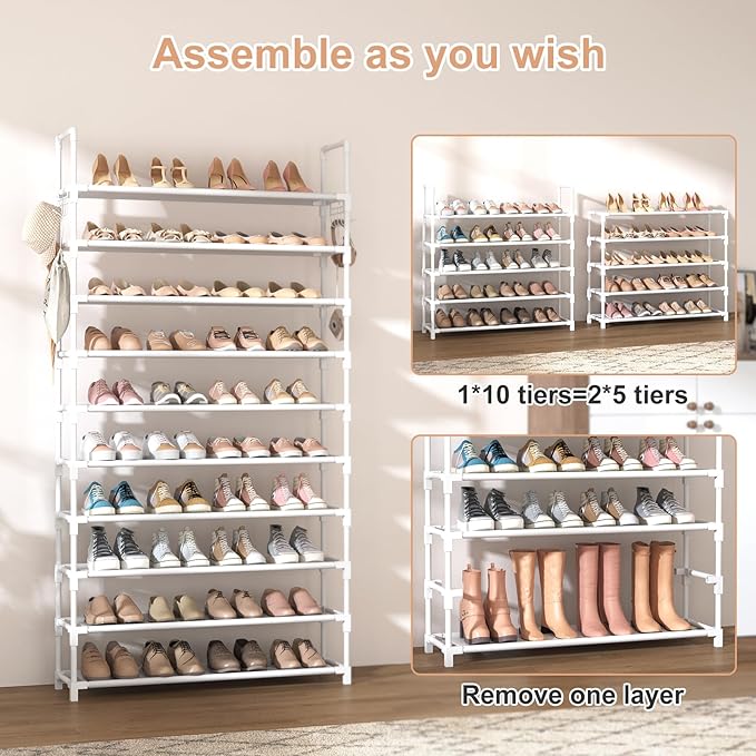 VTRIN 10 Tiers Shoe Rack Tall Large Capacity 50 Pairs Wide Shoe Organizer Sturdy Shoe Shelf for Entryway with Two Hooks Metal Shoe Storage for Closet, Bedroom, White, XJ-113-NeatNest