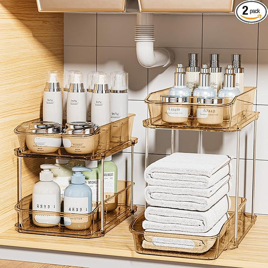 Delamu 2 Sets of 2-Tier Clear Under Sink Organizers and Storage, Multi-Purpose Stackable Bathroom Cabinet Organizers, Amber-NeatNest