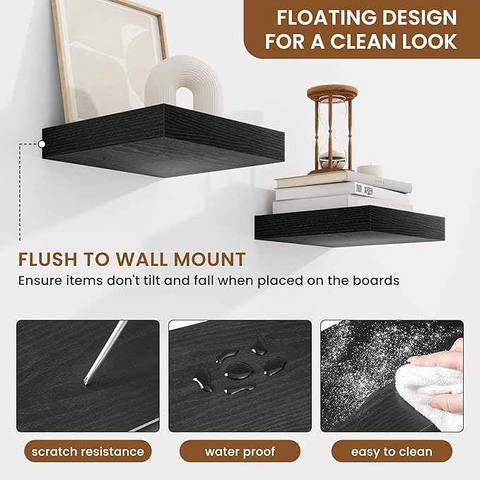 fuqing Floating Shelves for Wall, Bathroom Shelf Wall Mounted for Storage, Shelves with Invisible Bracket for Bedroom, Kitchen, Living Room, Farmhouse Small Book Shelf, 6.5 Inch Set of 3, Black-NeatNest