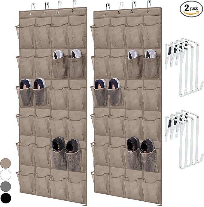 HOME GENIE Over the Door Hanging Shoe Organizer, 2 Pack, 24 Breathable Mesh Pockets, Closet Rack Storage Holder Stay in Place Hooks Hang on Closets, Hanger Holds Up to 40 lbs, Shoes, Accessories Beige-NeatNest