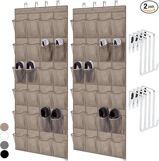 HOME GENIE Over the Door Hanging Shoe Organizer, 2 Pack, 24 Breathable Mesh Pockets, Closet Rack Storage Holder Stay in Place Hooks Hang on Closets, Hanger Holds Up to 40 lbs, Shoes, Accessories Beige-NeatNest