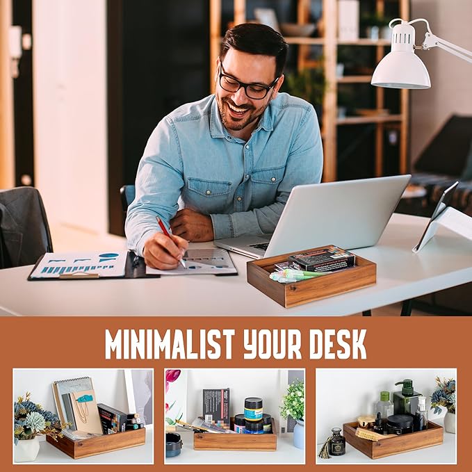 Demigo Acacia Wood Desk Organizer Tray - 9.5x6.7x2 Inch Letter & Stationery Holder for Office, Entryway, Desktop - Natural Wood Catchall for Pens, Mail, Keys-NeatNest