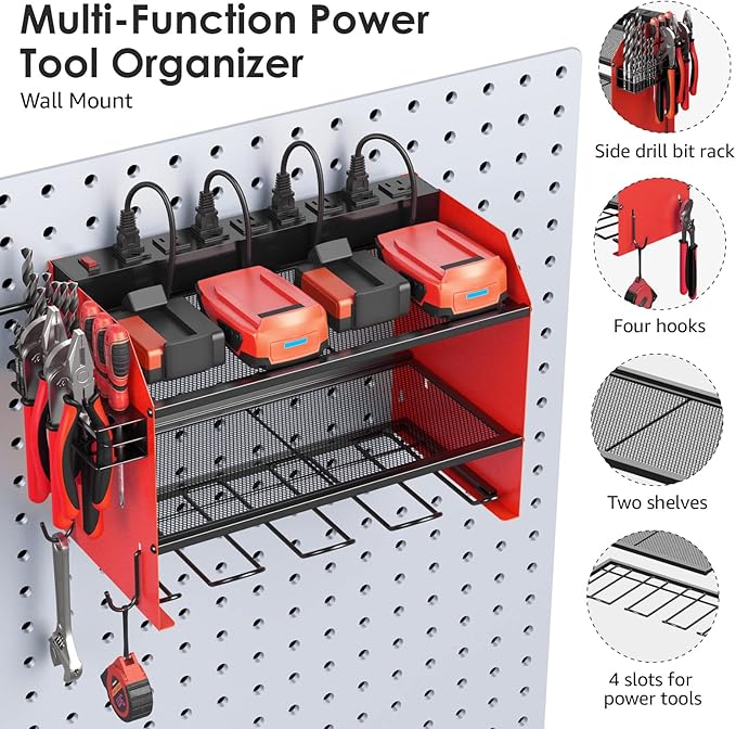 CCCEI Modular Power Tool Organizer Wall Mount with Charging Station. Garage 4 Drill Storage Shelf with Hooks, Screwdriver, Drill Bit Heavy Duty Rack, Tool Battery Holder Built in 8 Outlet Power Strip.-NeatNest