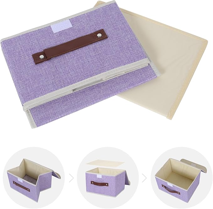 ANMINY Storage Bin with Lid Storage Boxes with PU Leather Handles PP Plastic Board Decorative Foldable Lidded Cotton Linen Fabric Home Cubes Baskets Closet Organizer Container - Purple, Small Size-NeatNest