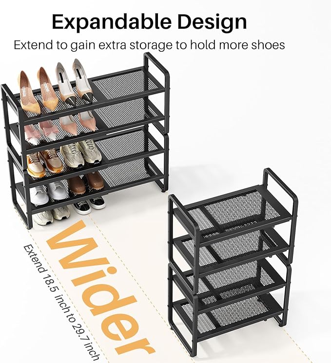 Shoe Rack - Expandable Shoe Organizer for Closet, Adjustable Metal Shoe Shelf Storage, 4 Tier Stackable Long Shoe Stand Holder for Garage, Entryway, Door Entrance, Black-NeatNest