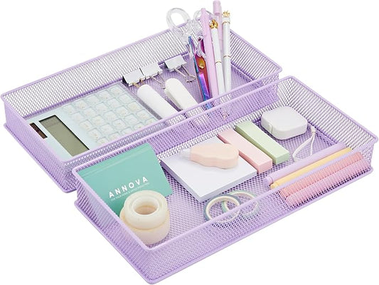 Annova Mesh Stackable Drawer Cabinet and Shelf Organizer Bins Storage Basket School Office Supply Holder Tray- Set of 2 (Light Purple, 6x12x2 Inch)-NeatNest