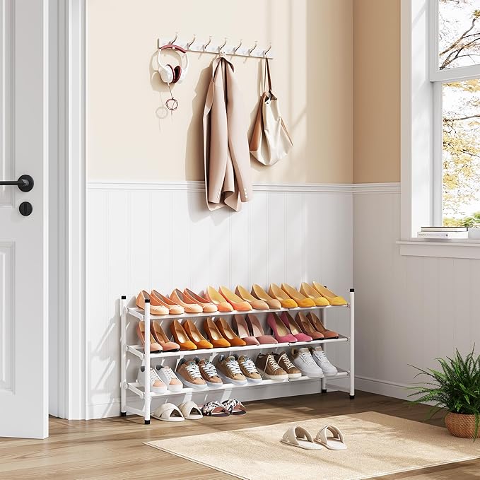 Tajsoon Expandable Shoe Rack for Closet 3 Tier, 28“-41“Adjustable & Stackable Shoe Shelf Storage, Metal Shoe Rack Organizer for Front Door Entrance, Closet, Garage, Entryway, White-NeatNest