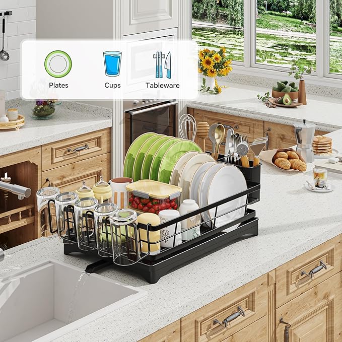 Dish Drainer, Anti-Rust Dish Rack for Kitchen Counter, Large-Capacity Dish Drying Rack with Cutlery & Cup Holder, 12" D x 15" L, Stainless Steel, Black
