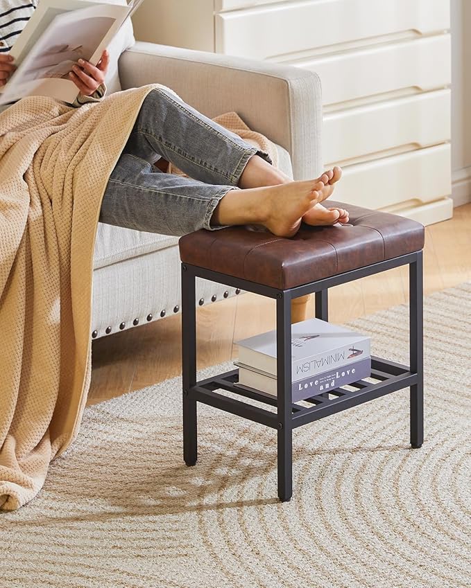 IBUYKE Rectangular Makeup Stool with Adjustable Feet and Storage Space, Footrest Chair, PU Vanity Seat, Multi-Use as Small Side Table or Ottoman, for Bedroom, Dark Brown WBD017Z