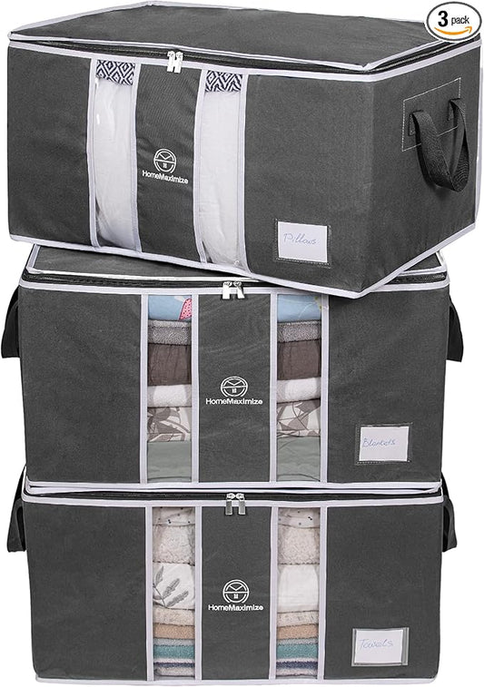 Clothes Storage Bag Organizer for, Blankets, Clothing, Comforters and Bedding Sets - Stackable with Zippers - Clear Window - 3 Pack Grey-NeatNest