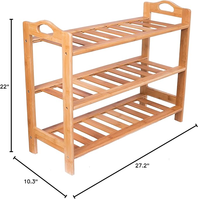 BirdRock Home 3 Tier Free Standing Shoe Rack with Handles | Bamboo | Wood | Closets and Entryway | Organizer | Fits 9 Pairs of Shoes-NeatNest