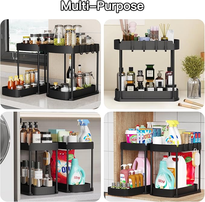 2 Pack Multi-Purpose Pull-Out Storage Organizers, Under Sink Organizers and Storage for Bathroom & Kitchen, Under Cabinet Organizers and storage, 14.8 Inch, Black-NeatNest