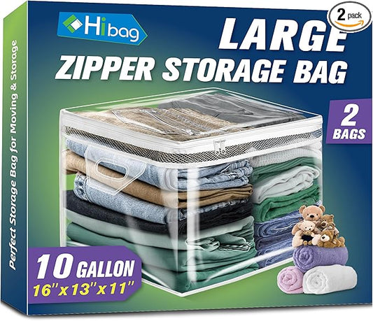 HIBAG 10 Gallon Large Storage Bag for Clothes, Zipper Clothing Storage Bag, Clear Organizer with Reinforced Handles, for Closet and Underbed Storage (2 Pack)-NeatNest