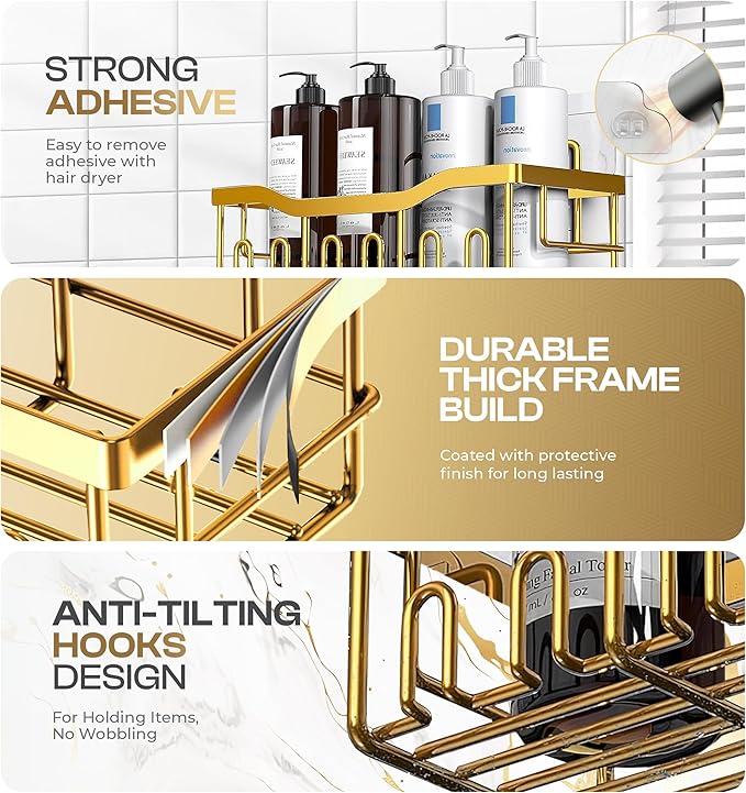 Luxury Style 5 Pack Stainless Steel Adhesive Shower Caddy Set - Rustproof Bathroom Organizer with Large Capacity Storage| No Drilling Shelves Shower Caddy Organizer | Bathroom Decor (Luxury Gold)