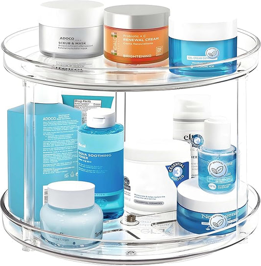 2 Tier Lazy Susan Bathroom Organizer, 9.25Inch Clear 360 Rotating Makeup Organizer for Vanity, Skincare Organizers Perfume Organizer, Spice Rack Organizer for Cabinet- Home Organization and Storage-NeatNest