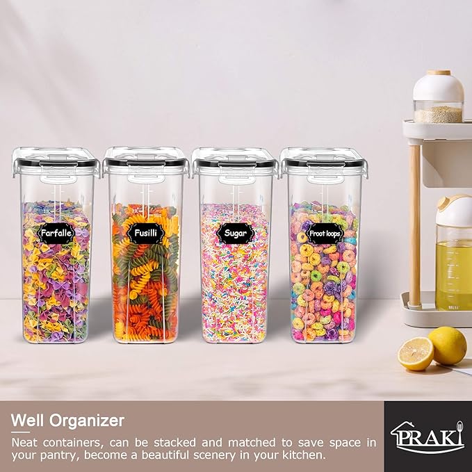 PRAKI 5PCS Cereal Containers Storage Set, BPA Free Airtight Food Storage Container Set with Lids, Kitchen Pantry Organization and Storage for Sugar, Baking Supplies with 20 Labels & Mark(4L Black)-NeatNest