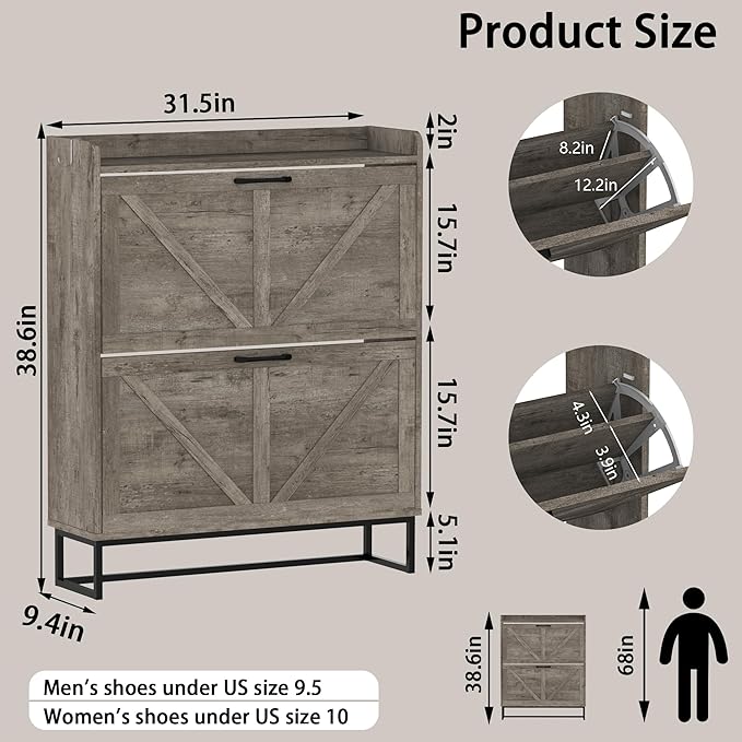 Hidden Shoe Storage Cabinets with 2 Flip Drawers and Metal Legs, Freestanding Narrow Shoe Organizer Rack for Entryway, Rustic Grey-NeatNest