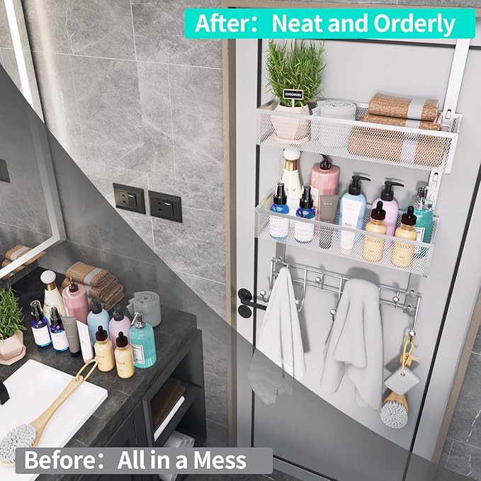 HapiRm Over The Door Hanger with Coat Hooks and 2 Baskets, Rustproof & Waterproof Over The Door Hooks, Storage Organizer for Hats, Bathroom, Kitchen, Bedroom-Silver (for 1.76in Doors)