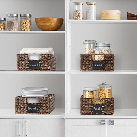 Casafield Set of 4 Water Hyacinth Pantry Baskets, 10" x 13" x 5", with Chalkboard Labels and Chalk Marker - Espresso, Woven Storage Bin Organizers for Kitchen Shelves-NeatNest