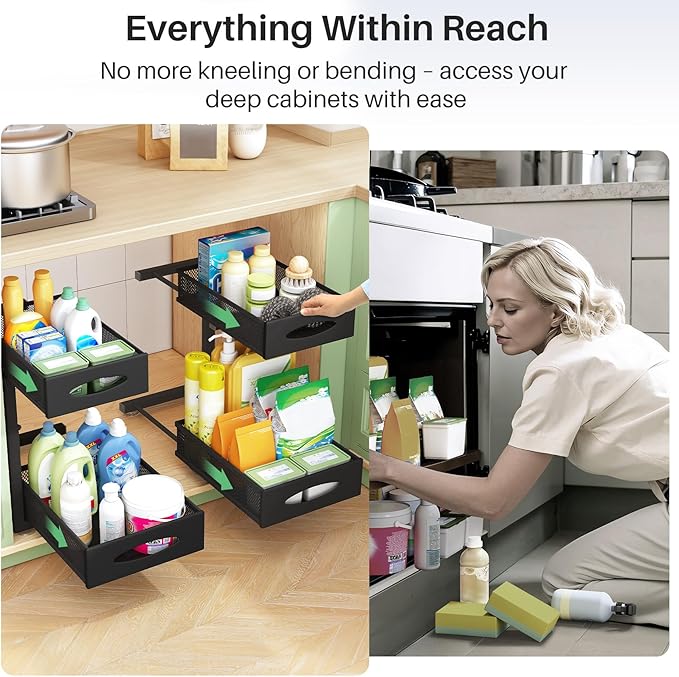 Under Sink Organizer, 2 Tier Pull out Cabinet Organizer Baskets with Mesh Sliding Drawers, Slide out Storage Shelf for Home, Kitchen, Bathroom, Pantry, Office Cabinet, Countertop(1 Pack)-NeatNest