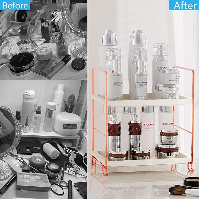FSyueyun 2-Tier Bathroom Countertop Organizer, Tool-Less Installation Premium Plastics Makeup Shelf Organizer Perfume Skincare for Dresser Vanity Tray Organizers and Storage (Rose Gold)-NeatNest