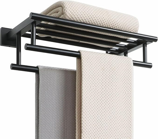Alise Towel Rack,Large Towel Holder Towel Shelf with Double Towel Bars for Bathroom Lavatory,16-Inch SUS 304 Stainless Steel Wall Mount Towel Hanger,Matte Black