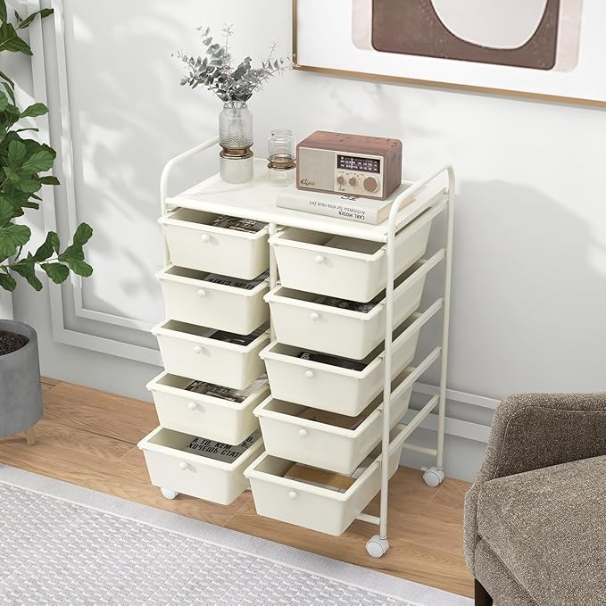 Moccha Rolling Cart with 10 Drawers - Storage Drawers Organizer with wheels for Craft Art Supply Paper Salon, Multipurpose Movable Utility Cart for Teacher Classroom, White