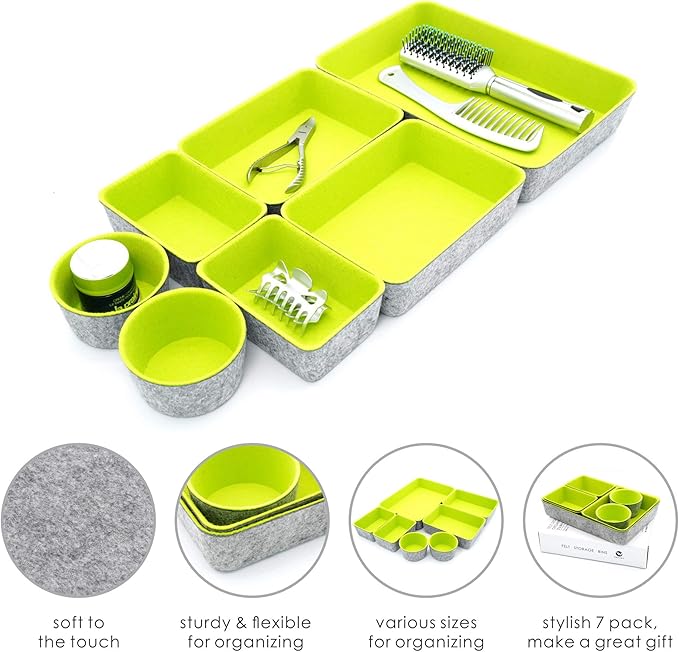 Welaxy Drawer organizers bins felt trays desk storage bins dividers small drawers for office supplies 7-piece Pack back to school college gift idea (Green)-NeatNest