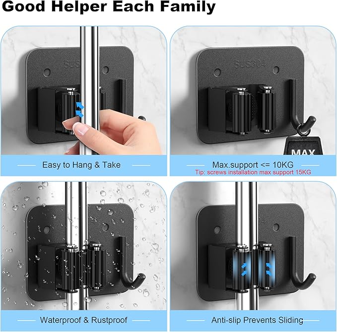 4 Pack Mop and Broom Holder Wall Mount - Stainless Steel Broom Mop Hanger - Wall Mounted Garden Tool Rack Organizer for Closet Garage Laundry Room Kitchen Decor (Black)-NeatNest