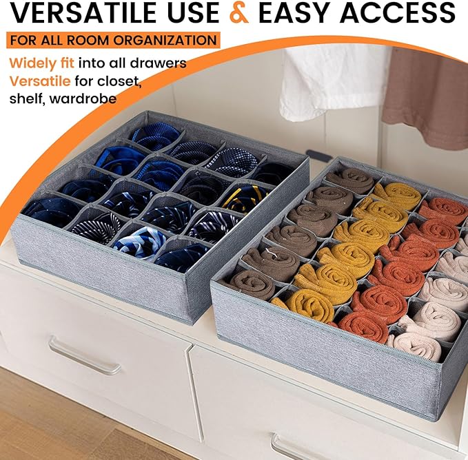 Criusia 3 Pack Sock Underwear Organizer Dividers, 64 Cell Drawer Fabric Foldable Cabinet Closet Storage Boxes for Storing Socks, Underwear, Ties (16+24+24 Cell, Gray)-NeatNest