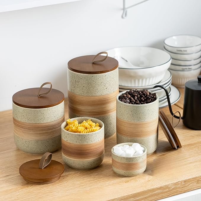 Ceramic Jar with Lid Airtight, Coffee Container Kitchen Food Storage Jars for Spice Sugar Tea Bag, Stackable Decorative Jars for Countertop, 18oz-NeatNest