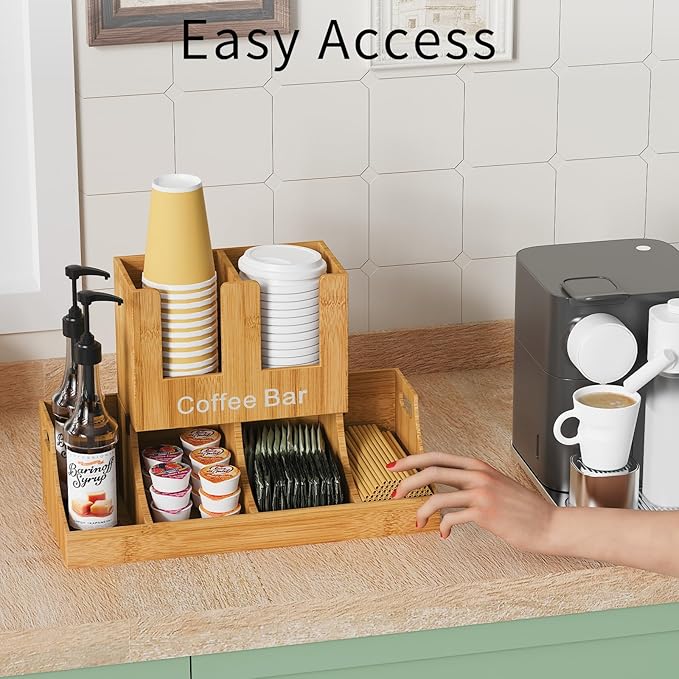 Coffee Station Organizer, Bamboo Coffee Bar Organizer for Countertop, Condiment and Cup Storage Organizer, Bar Accessories for Kitchen, Office, Home, Brown-NeatNest