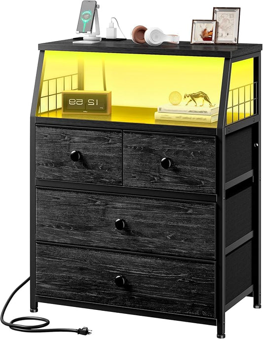 EnHomee Nightstand with Charging Station & LED Lights, 21.8" W Bedside Table with 4 Fabric Drawers, Night Stand with Outlets and 2 Ports for Bedroom, Table with Wood Shelf, Black