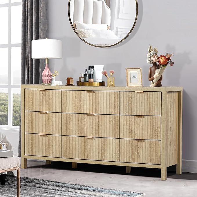 9 Drawer Dresser Cabinet, Long Nightstand with Drawers and Storage Cabinet, Boho Solid Wood Dresser TV Stand, Mid Century Modern Nightstand with 9 Drawer Dresser for Bedroom Closet (Natural)