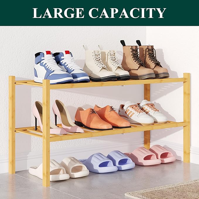 Smiry Bamboo Shoe Rack for Closet, 2 Tier Wooden Stackable Shoe Organizer, Free Standing Shoes Storage Shelf for Entryway, Front Door Entrance, Natural-NeatNest