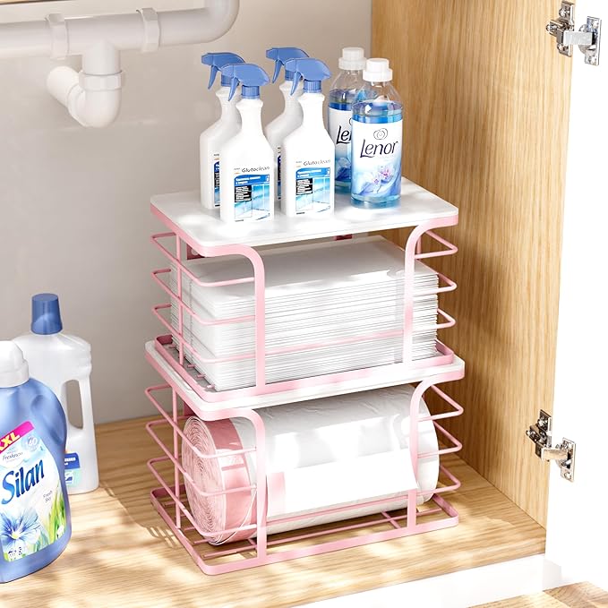 2 Pack Extra Large Stackable Pantry Storage with Bamboo Top,Wall Mount Trash Bag Dispenser Roll Holder for Kitchen Pantry Laundry Room,Pink-NeatNest