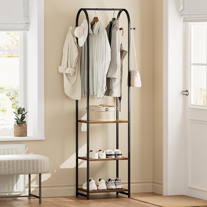 Garment Rack, Coat Rack With 3 Shelves and 4 Hooks, 71" H Clothes Stand For Hanging Clothes, Hanging Rod For for Bedroom, Hallway, Entryway, Office, Living Room, Rustic Brown and Black