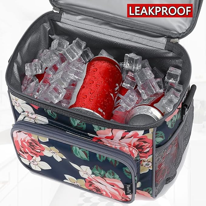 FlowFly Insulated Reusable Lunch Bag Adult Large Lunch Box for Women and Men with Adjustable Shoulder Strap,Front Zipper Pocket and Dual Large Mesh Side Pockets,Peony-NeatNest