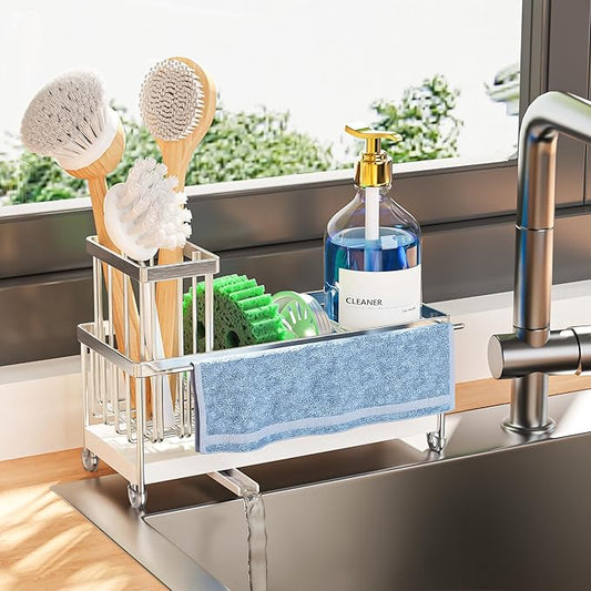Cisily Stainless Steel Sponge Holder for Kitchen Sink with Towel Rack, Sink Caddy with Kitchen High Brush Holder, Organzier Rustproof 304 Stainless Steel Dish Organizer Divider, Soap Dispenser Storage-NeatNest
