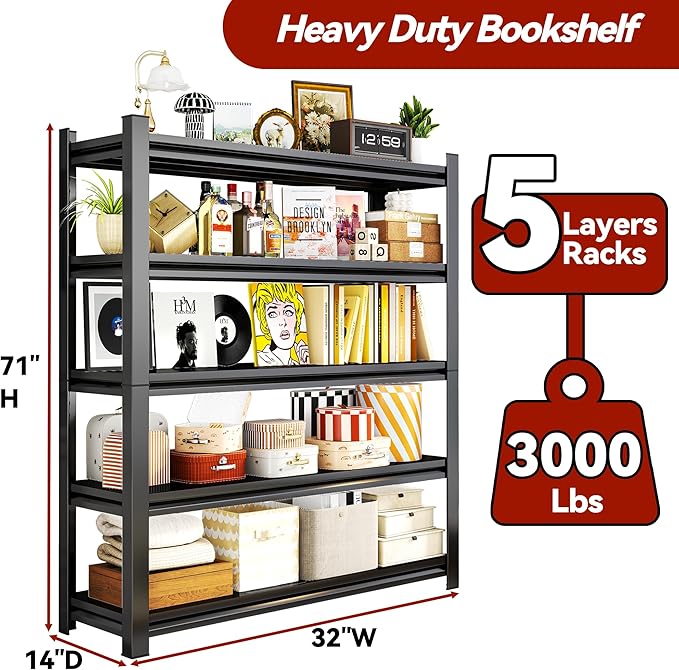 5-Tier Adjustable Bookshelf, Home Office Storage Organizer, Free-Standing Shelving Unit with Adjustable Shelves for Bedroom, Living Room, Office & Library, Black