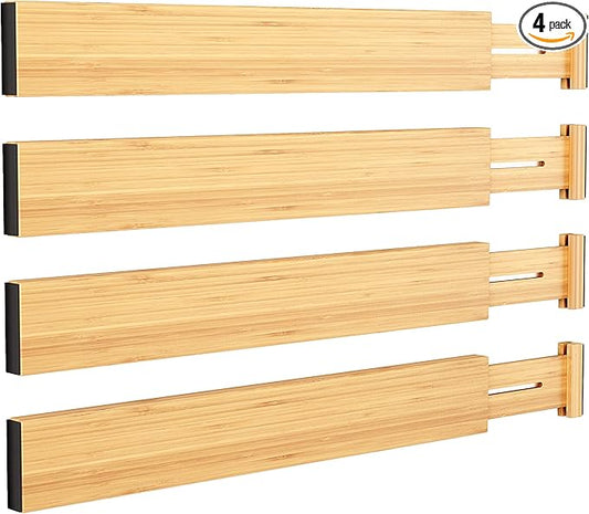 BAMEOS Drawer Divider,Expandable Bamboo Separators Adjustable Utensil Knife Fork Tool Kitchen Organizer, Clothes Fabric Drawer Organizer In Bathroom Bedroom Office, Cabinet Dresser Organizer 4-pack-NeatNest