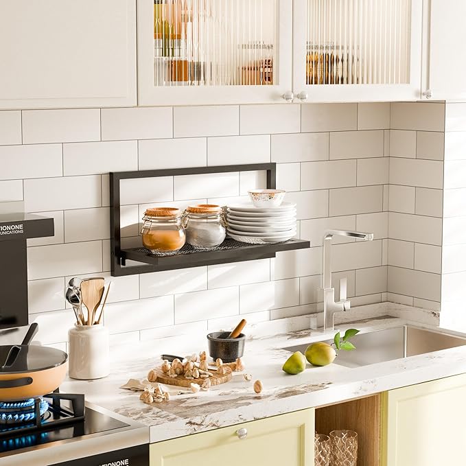 16 Inch Folding Wall Shelf - Modern Iron Foldable Wall Shelf with Mesh Panel, Ideal for Home Decor in Bathroom, Kitchen, Bedroom, Office & Living Room