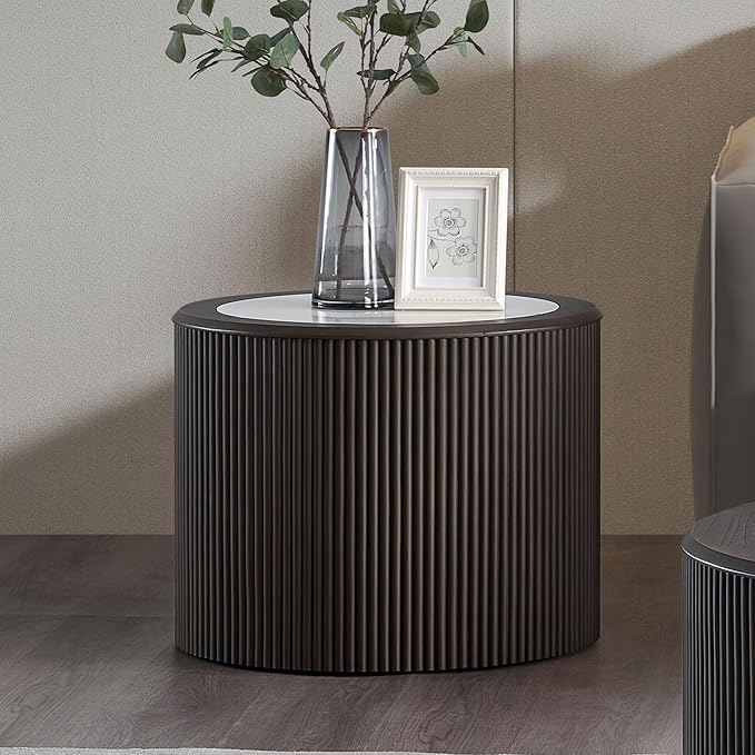 23.62" Round Coffee Table for Living Room,Modern Marble Pattern End Small Side Table with Sturdy Pedestal for Bedroom,Dark Brown