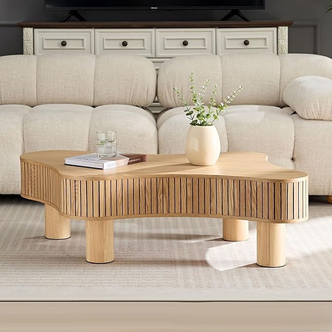 Kevinplus 42.52'' Modern Wood Coffee Table for Living Room, Contemporary Irregular Drum Curved Handcraft Coffee Table with Strong Legs, Easy Assembly, Oak