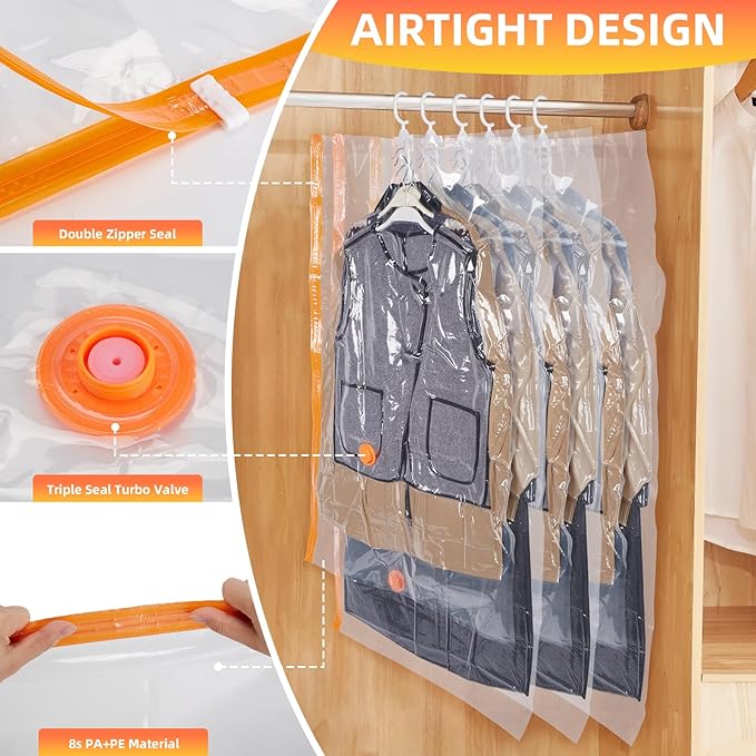 AGPTEK 6-Pack Hanging Vacuum Storage Bags for Clothes, Suits, Dresses & Jackets (3 Jumbo,3 Large) with Electric Pump - Space Saver Closet Organizer, Travel & Moving Supplies, Heavy Duty PA+PE-NeatNest