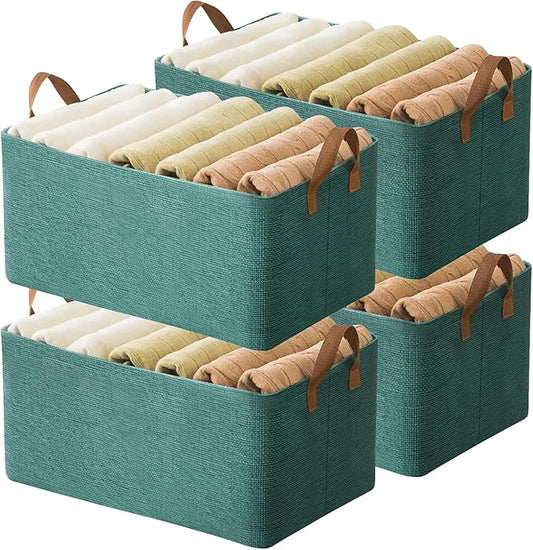 AARAINBOW 4 Pcs Closet Clothes Organizer with Handle, Fabric storage Box with Steel Frame Stackable Shelf Storage Baskets Foldable Storage Baskets for Organizing clothes Toys, 23L (4 Green)-NeatNest
