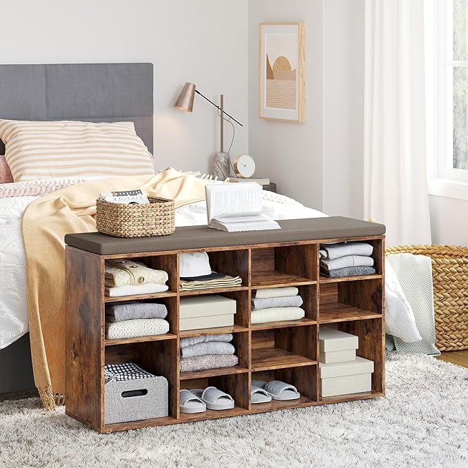 DINZI LVJ Shoe Storage Bench with Cushion, 14-Cubby Shoe Rack, Adjustable Shelves, Multifunctional Shoe Organizer Bench for Entryway, Mudroom, Hallway, Living Room, Bedroom and Garage, Rustic Brown-NeatNest