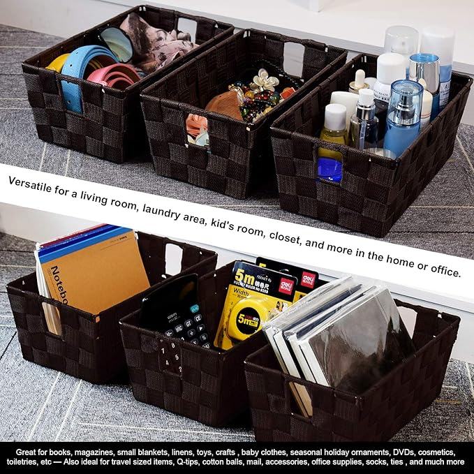 homyfort Woven Shelf Storage Tote Basket Bins Container, Storage Boxes Cube Organizer with Built-in Handles for Bedroom, Office, Closet, Clothes, Kids Room, Nursery 3pack(Brown)-NeatNest